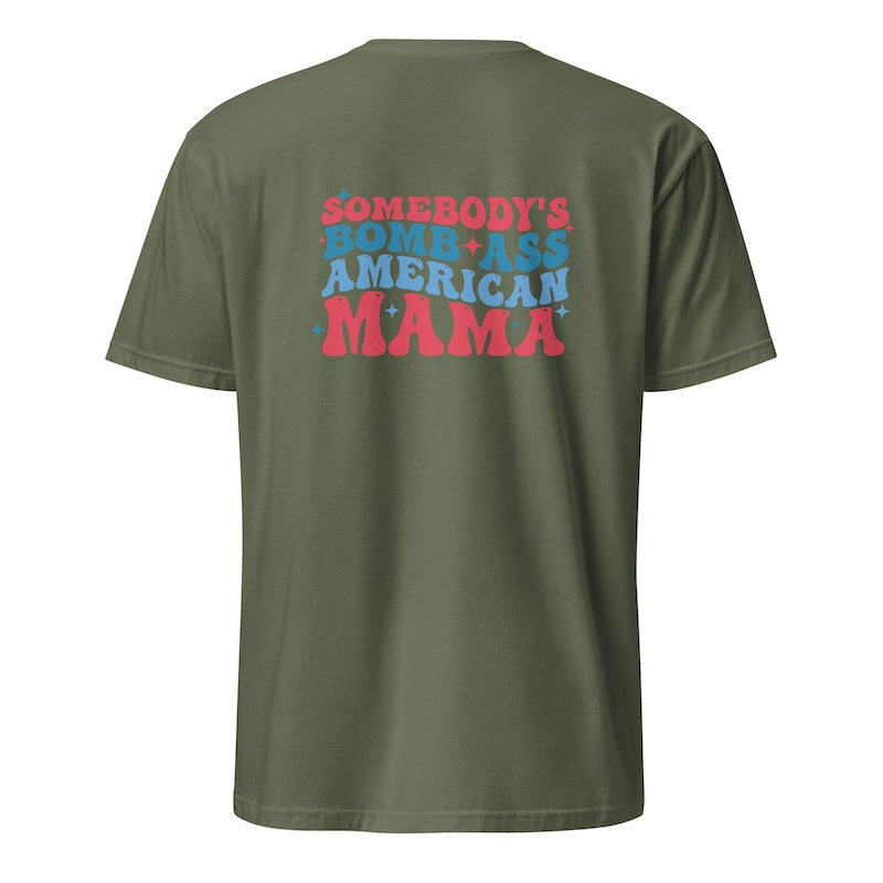 Green t-shirt with colorful text on the back against a white background