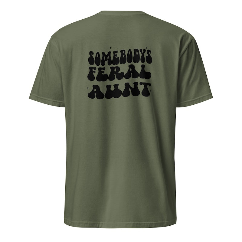 Green t-shirt with text on the back against a white background