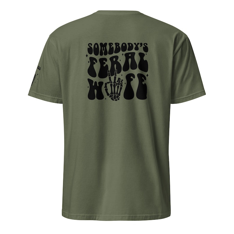Green t-shirt with black graphic design on the back on a white background