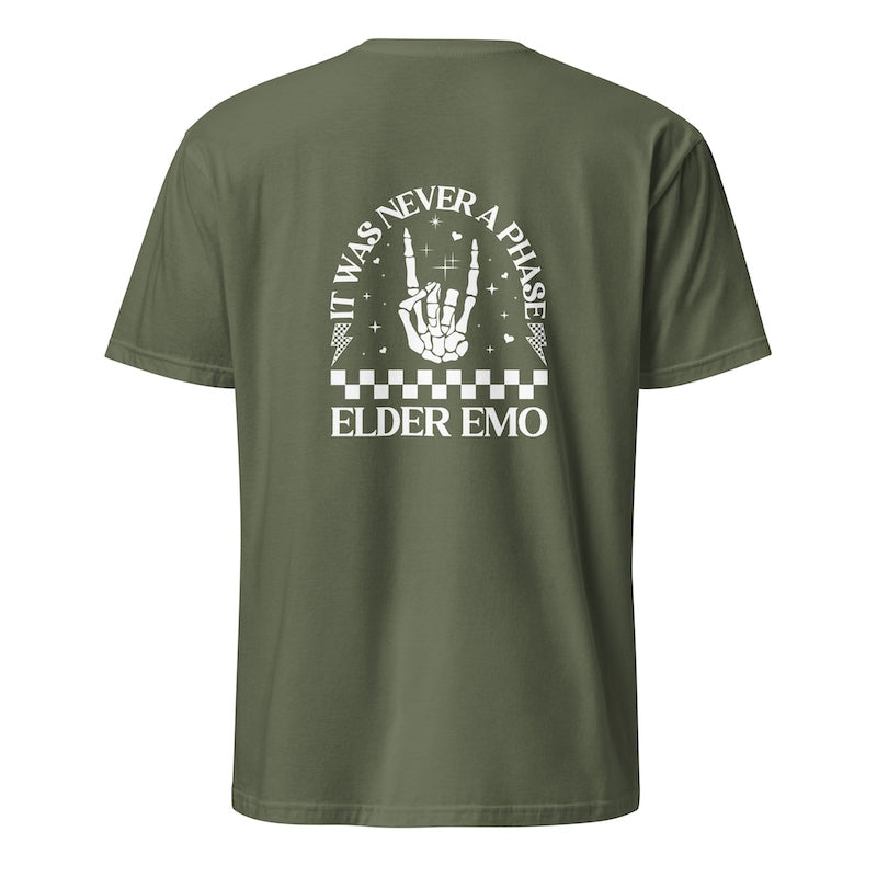 Green t-shirt with white graphic and text on a white background