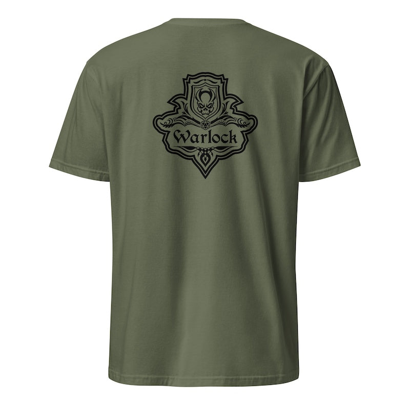 Green t-shirt with 'Warlock' logo on the back against a white background