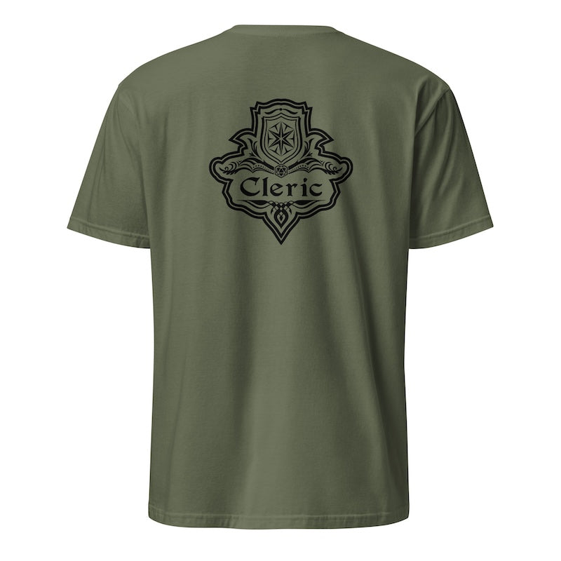 Green t-shirt with 'Cleric' logo on the back against a white background