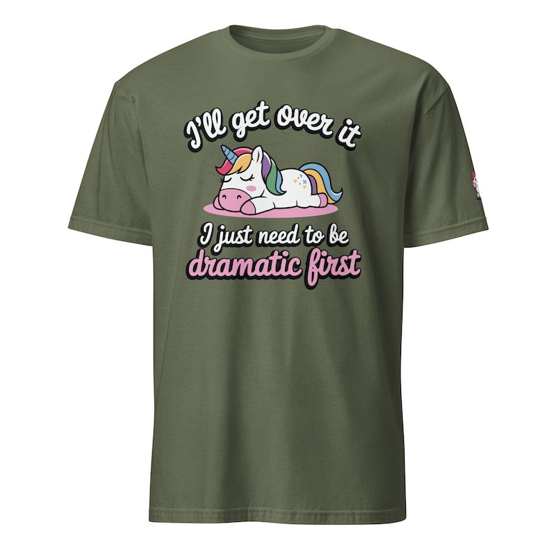 Green t-shirt with a unicorn graphic and humorous text on a white background
