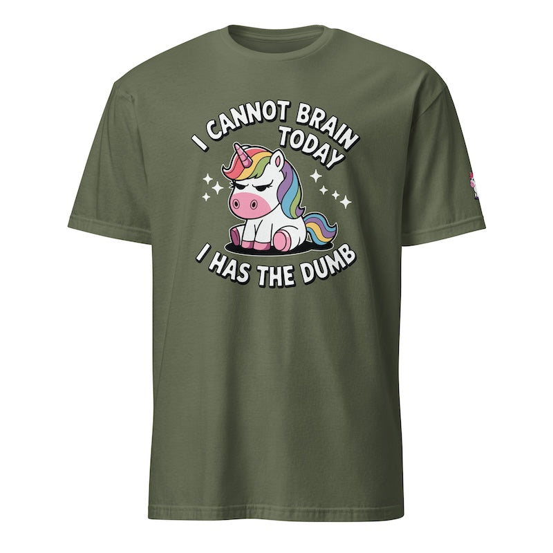 Green t-shirt with a unicorn graphic and text on a white background