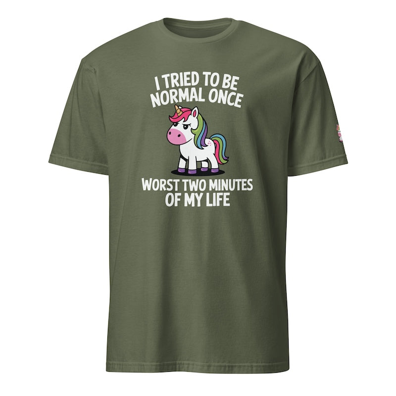 Green t-shirt with a unicorn graphic and text on a white background