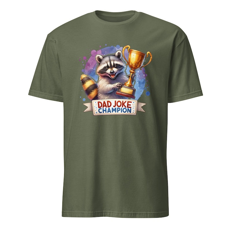 Green t-shirt with a raccoon holding a trophy and 'Dad Joke Champion' text on a white background