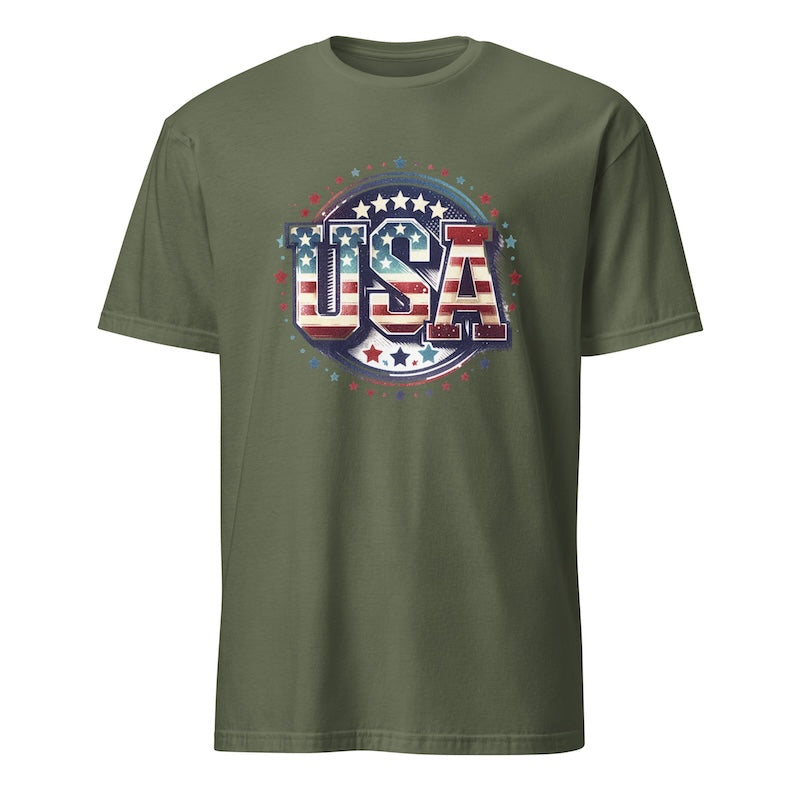 Green t-shirt with 'USA' graphic design on a white background