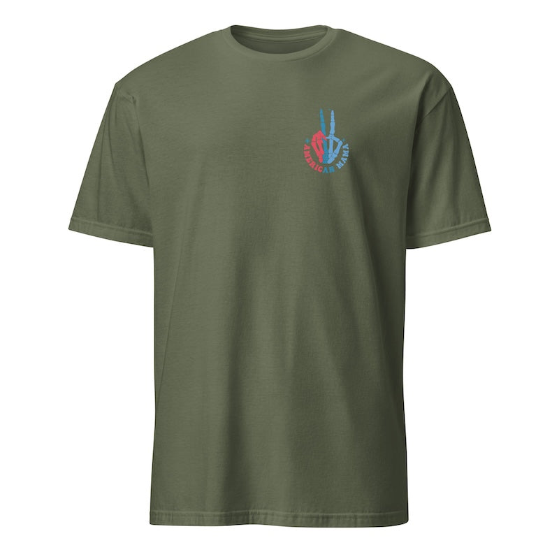 Green t-shirt with a peace symbol design on a white background