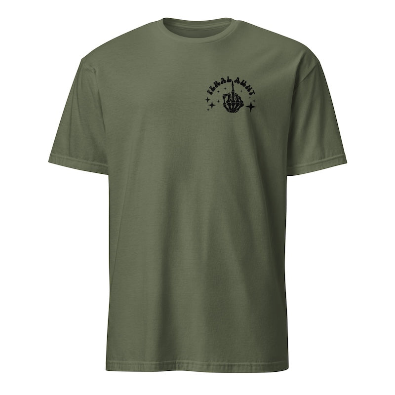 Green t-shirt with a black logo on a white background