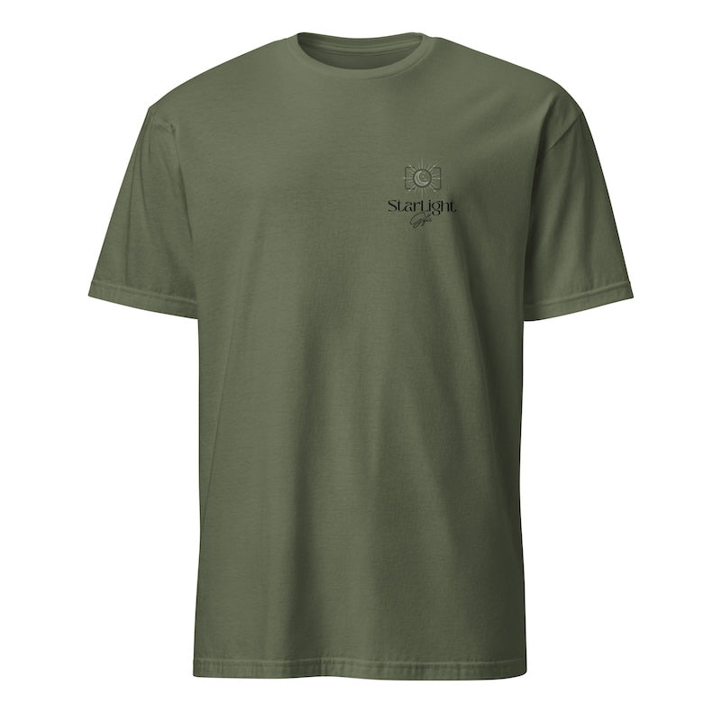 Green t-shirt with a logo and text on a white background