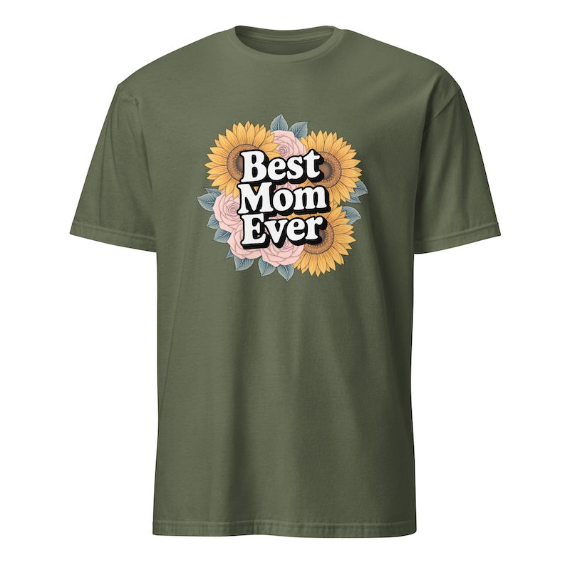 Green t-shirt with 'Best Mom Ever' text and floral design on a white background