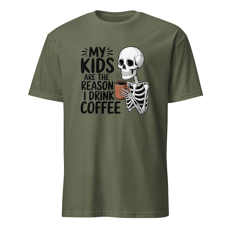 Green t-shirt with skeleton holding a coffee cup and text on a white background