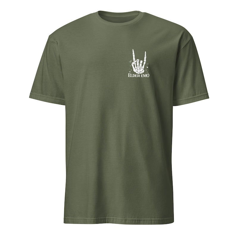 Green t-shirt with a white graphic and text on a white background