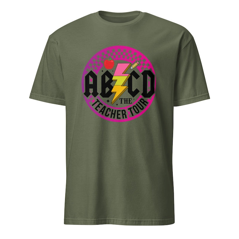 Green t-shirt with colorful graphic and text on a white background