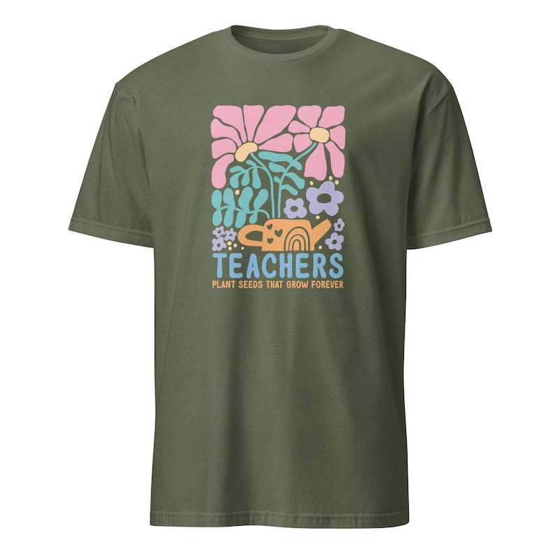 Green t-shirt with colorful graphic and text on a white background