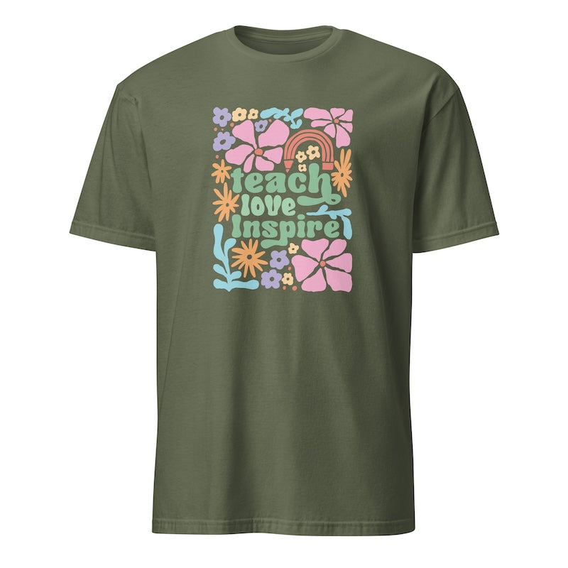Green t-shirt with colorful floral design and text on a white background