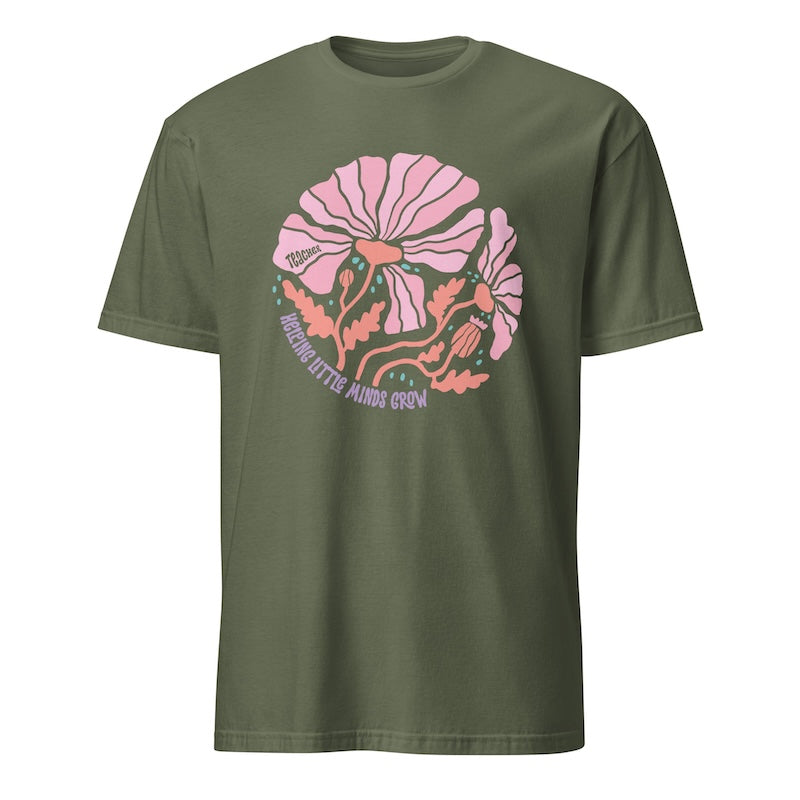 Green t-shirt with pink floral design and text on a white background