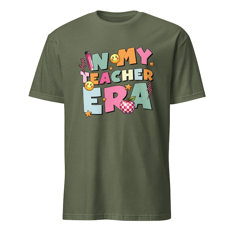 Green t-shirt with colorful text design on a white background