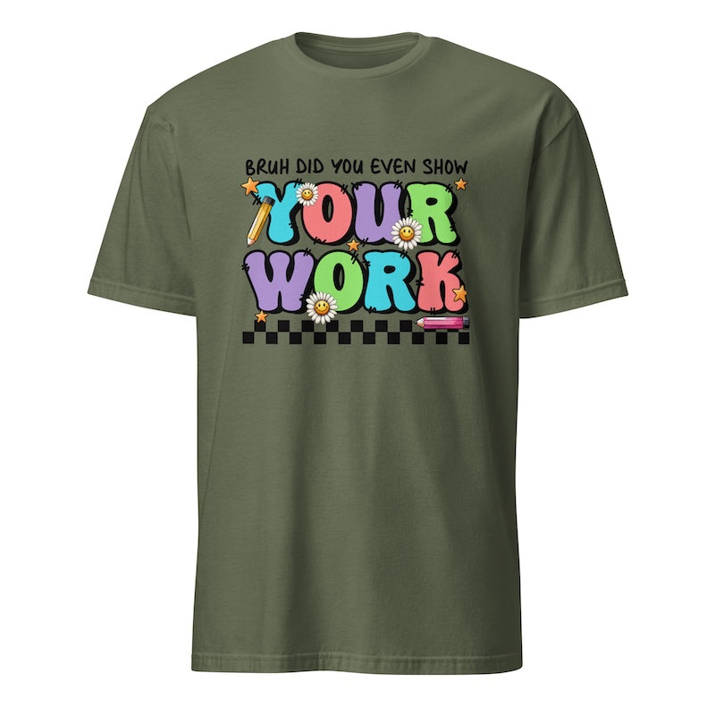 Green t-shirt with colorful text design on a white background
