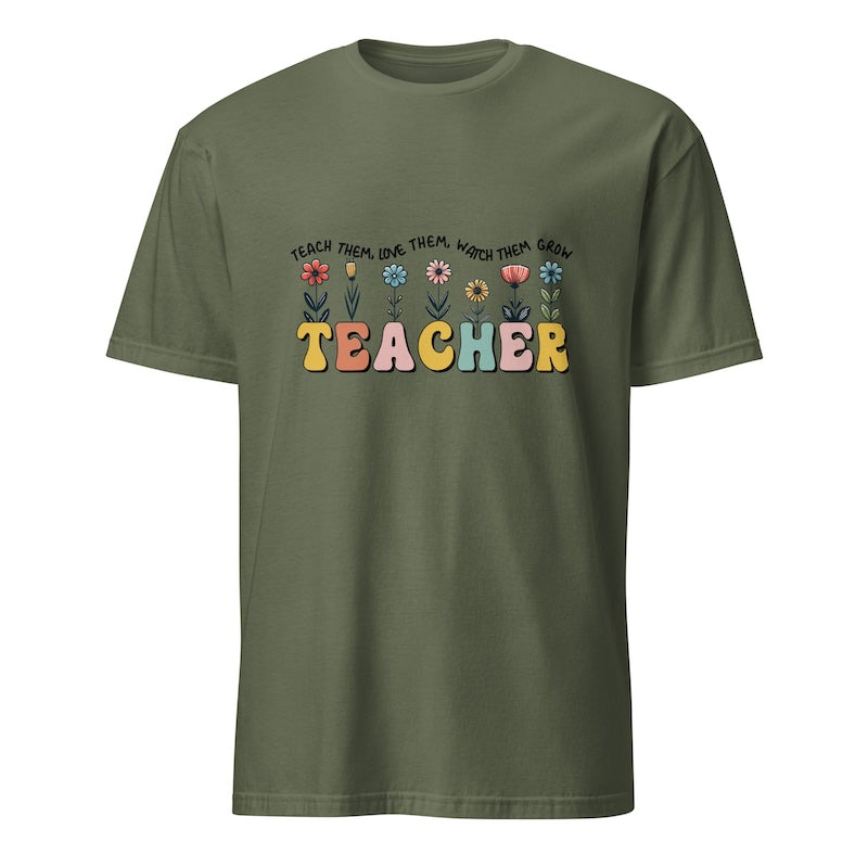Green t-shirt with colorful 'TEACHER' text and flowers on a white background