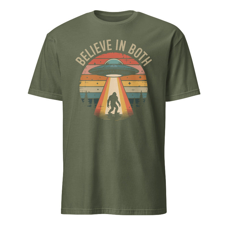 Green t-shirt with UFO and Bigfoot graphic and 'Believe in Both' text on a white background
