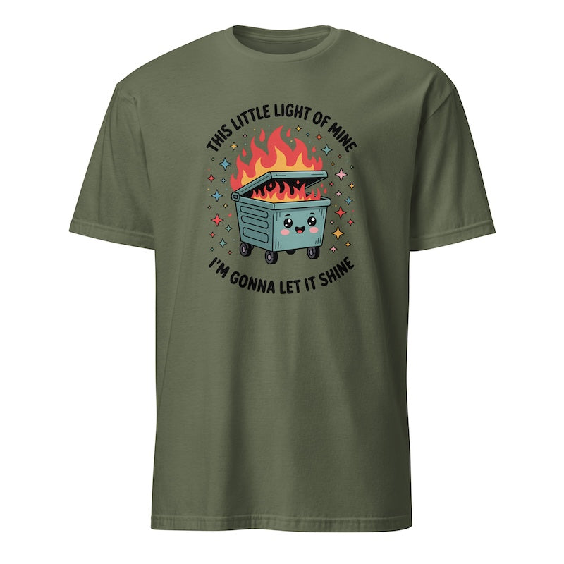 Green t-shirt with a graphic of a dumpster on fire and text on a white background