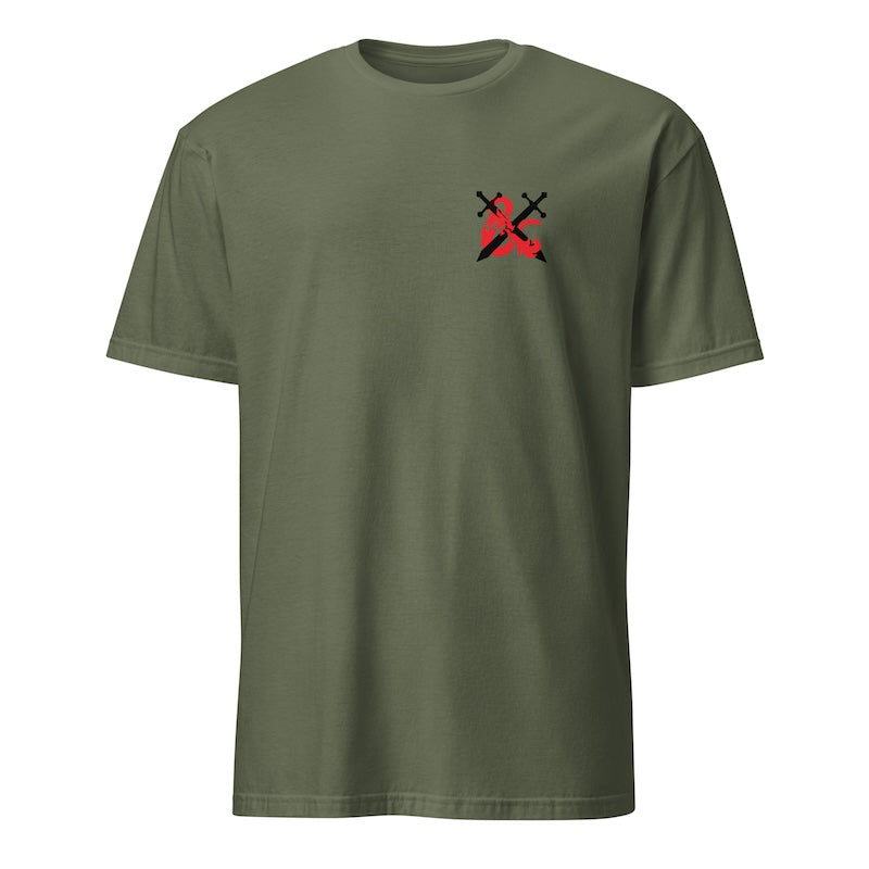 Green t-shirt with a red and black logo on a white background