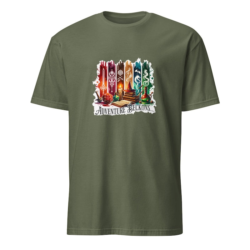 Green t-shirt with a graphic design of candles and text on a white background