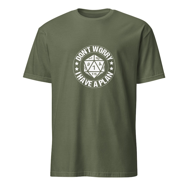 Green t-shirt with a white graphic and text on a white background