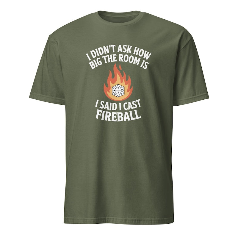 Green t-shirt with text and fire graphic on a white background