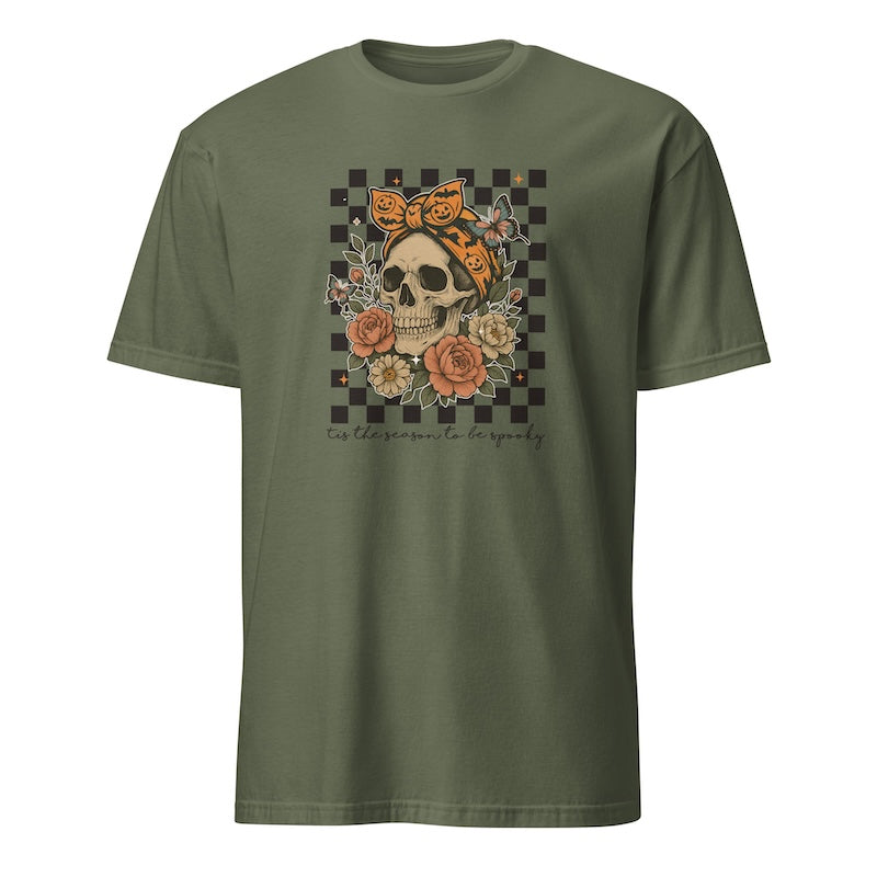 Green t-shirt with a skull and floral design on a white background