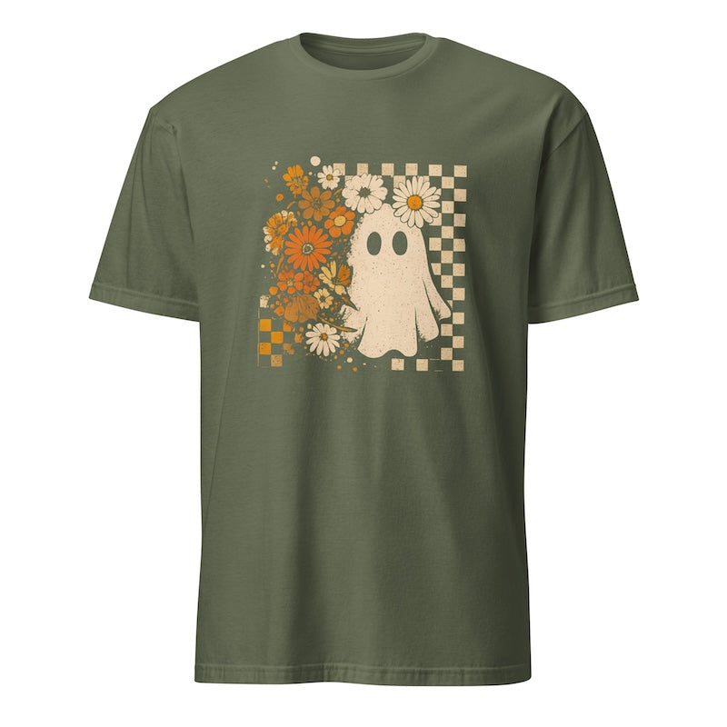 Green t-shirt with a ghost and floral design on a white background