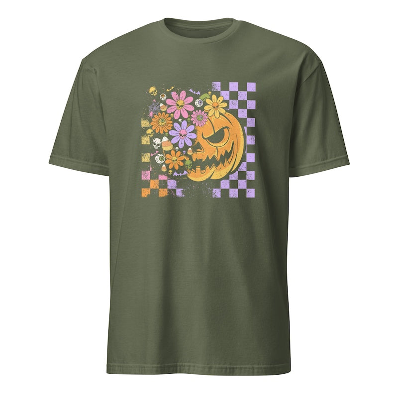 Green t-shirt with a jack-o'-lantern and floral design on a white background