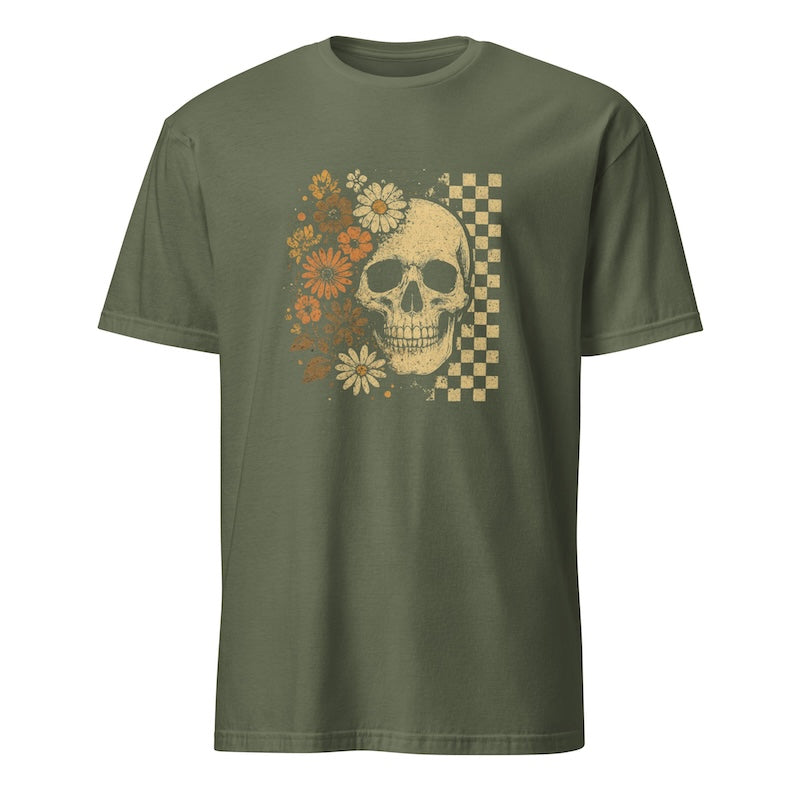 Green t-shirt with a skull and floral design on a white background