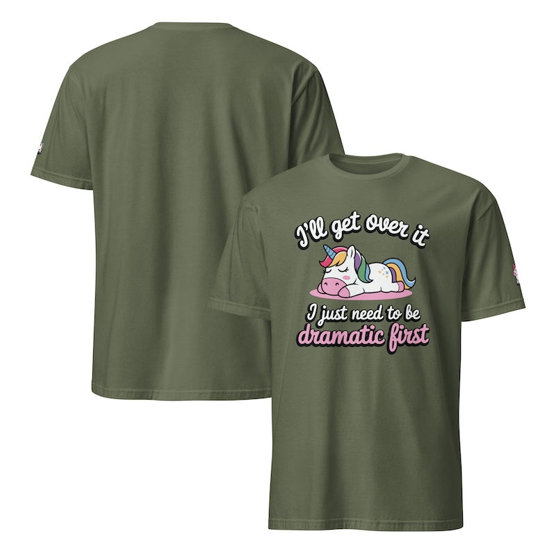 Green t-shirt with unicorn graphic and text on a white background