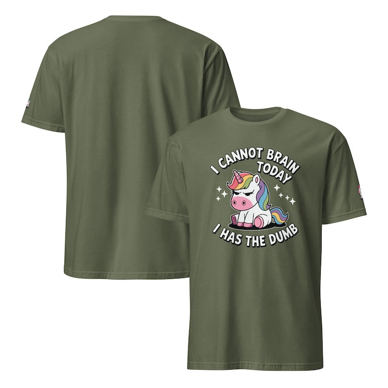 Green t-shirt with unicorn graphic and text on a white background