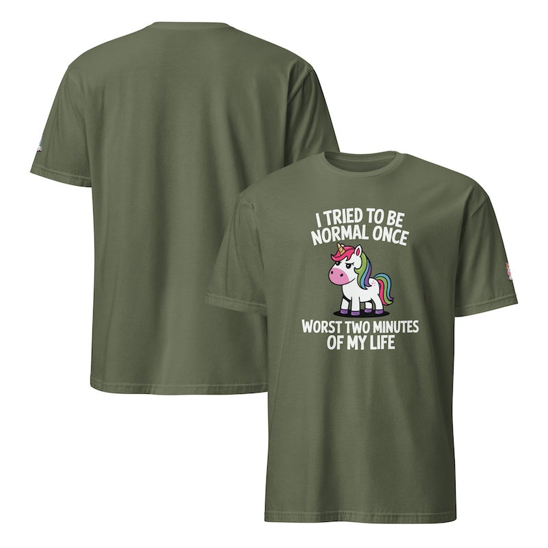 Green t-shirt with unicorn graphic and text on a white background