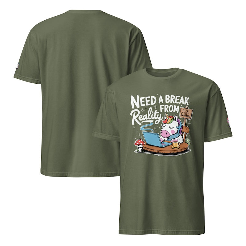 Green t-shirt with cartoon design and text 'Need a Break from Reality' on a white background