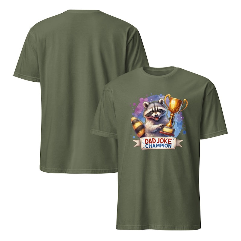 Green t-shirt with a raccoon holding a trophy and 'Dad Joke Champion' text on a white background