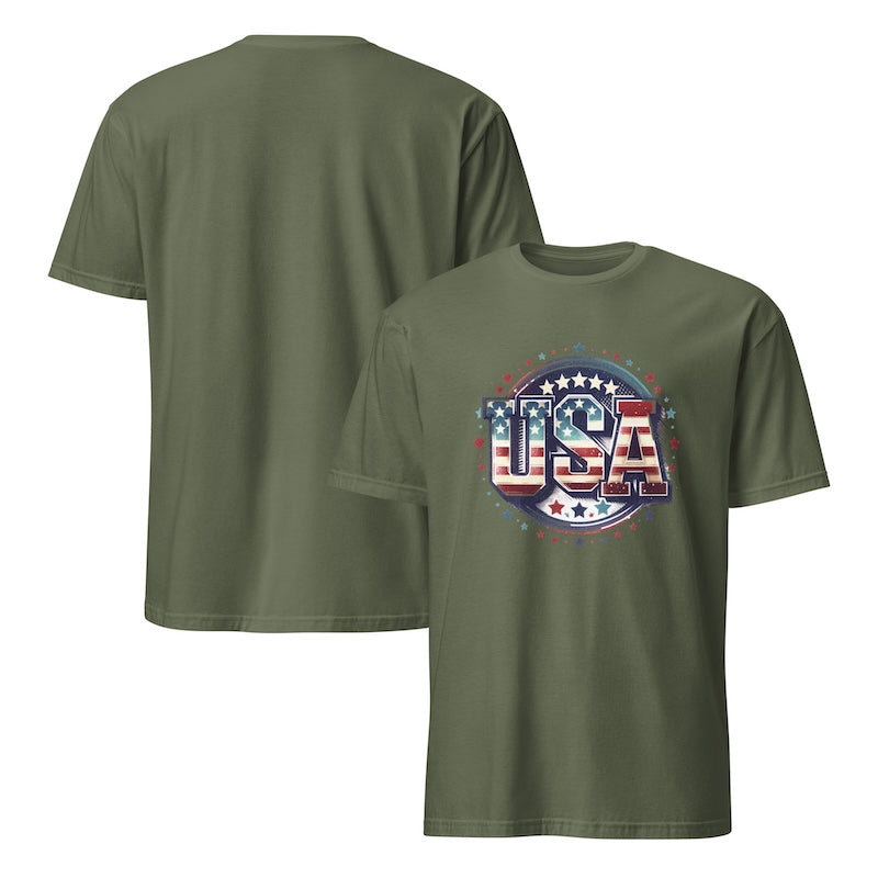 Green t-shirt with 'USA' design on a white background