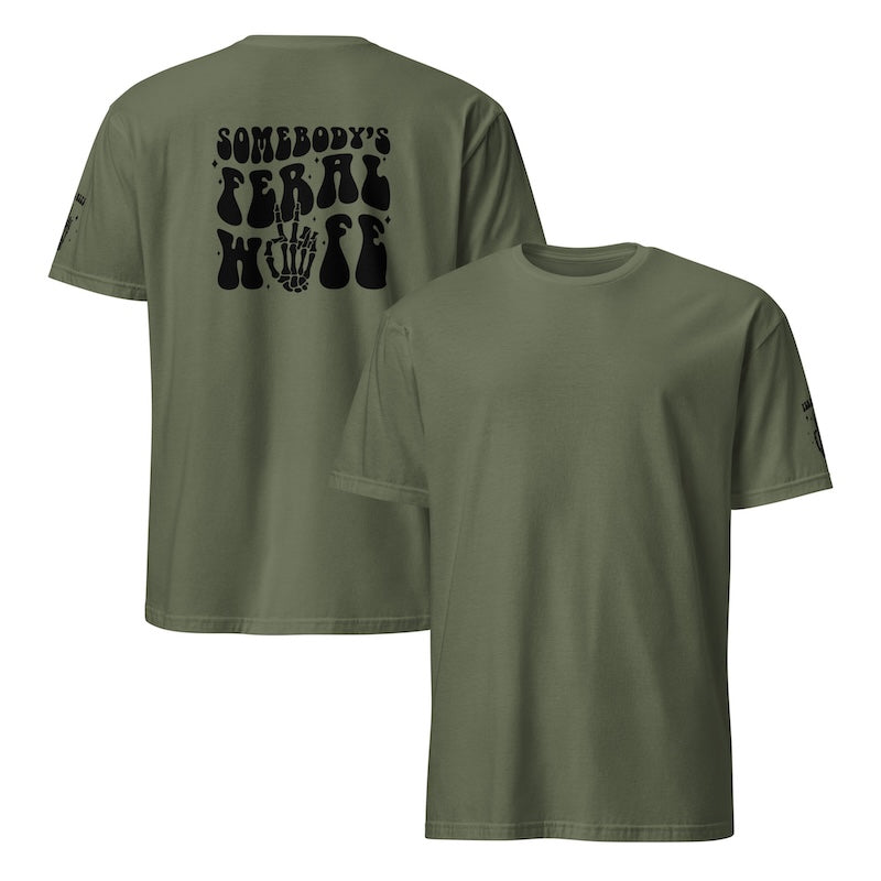 Green t-shirt with text and graphic on front and back