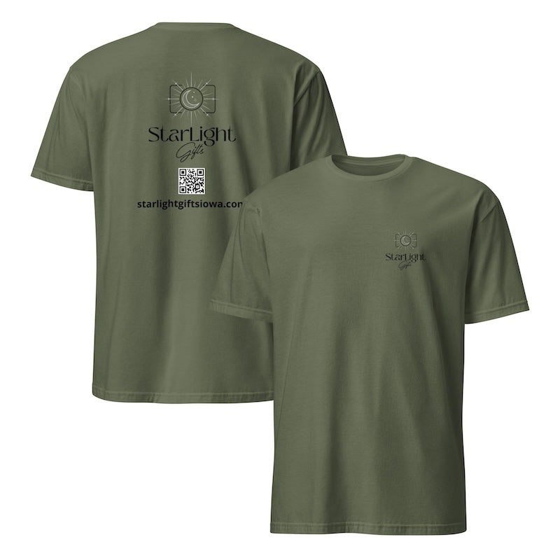 Green t-shirt with branding on the front and back on a white background