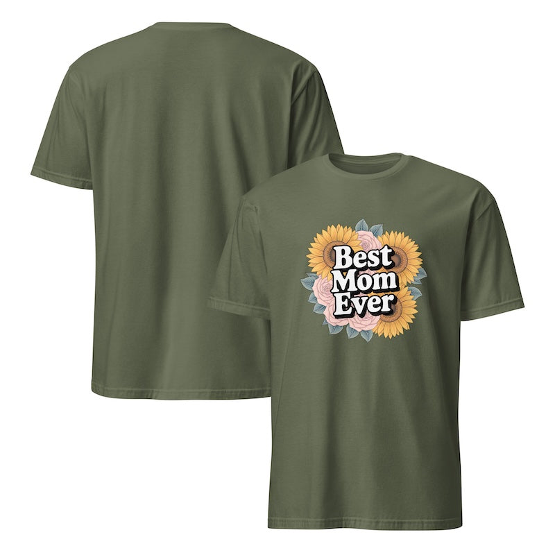 Green t-shirt with 'Best Mom Ever' design on a white background