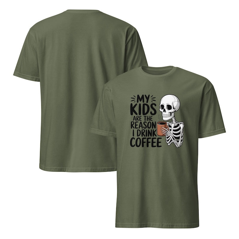 Green t-shirt with skeleton design and text on a white background