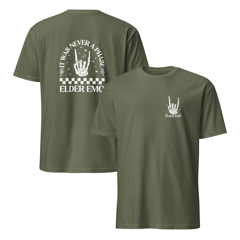 Green t-shirt with white graphic design on a white background