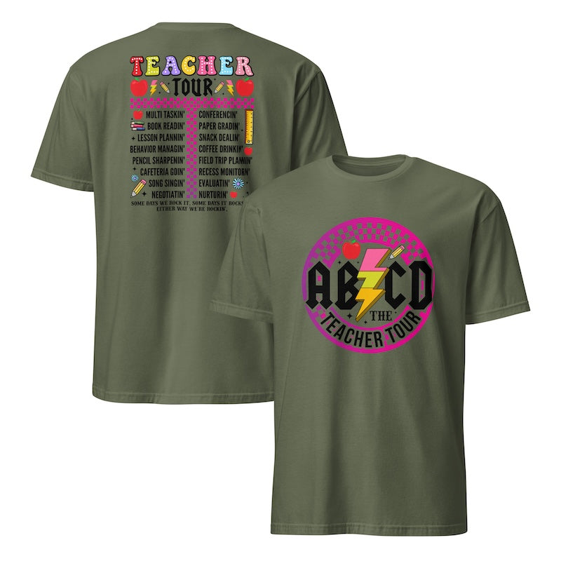 Green t-shirt with 'AB CD The Teacher Tour' design on a white background