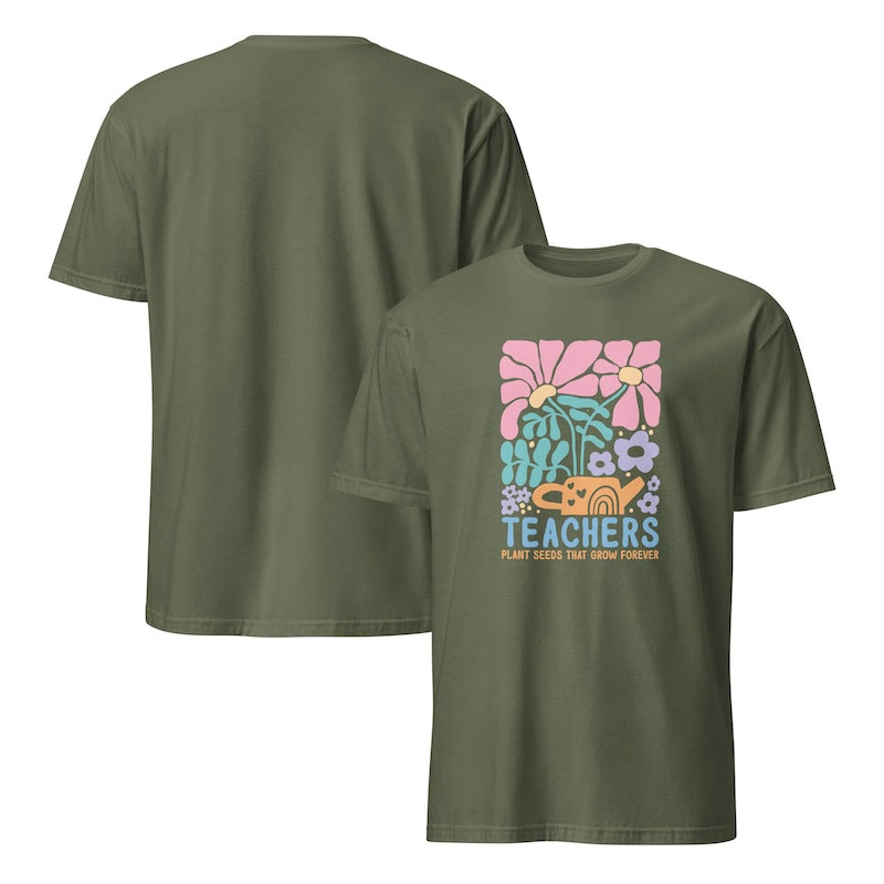 Green t-shirt with floral design and 'Teachers' text on a white background