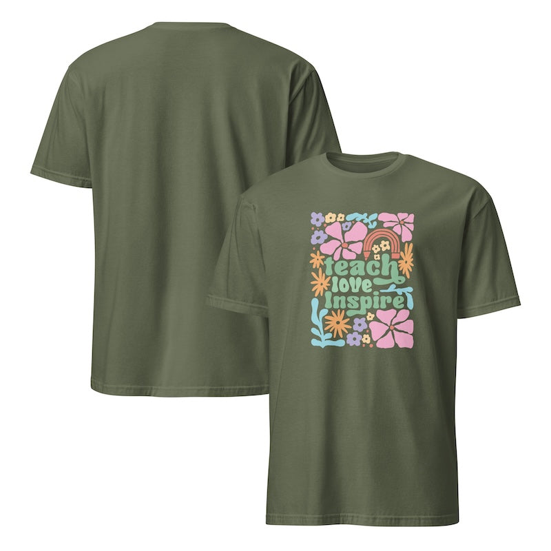 Green t-shirt with 'Teach Love Inspire' design on a white background