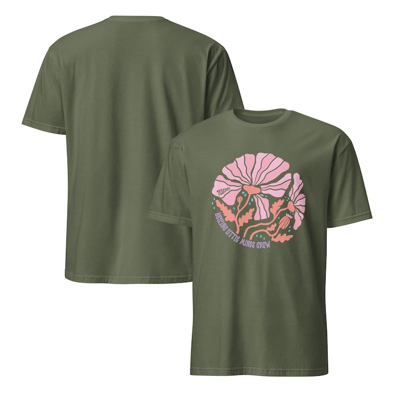 Green t-shirt with pink and orange graphic design on a white background