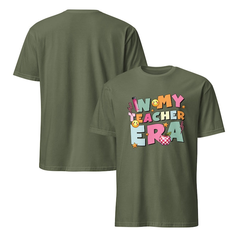 Green t-shirt with 'IN MY TEACHER ERA' text design on a white background